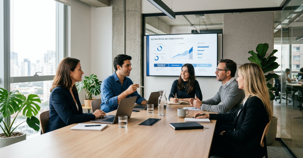 Reunião de onboarding entre agência de marketing e cliente empresário B2B