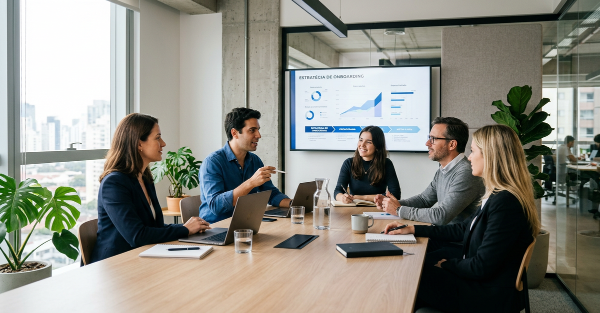 Reunião de onboarding entre agência de marketing e cliente empresário B2B