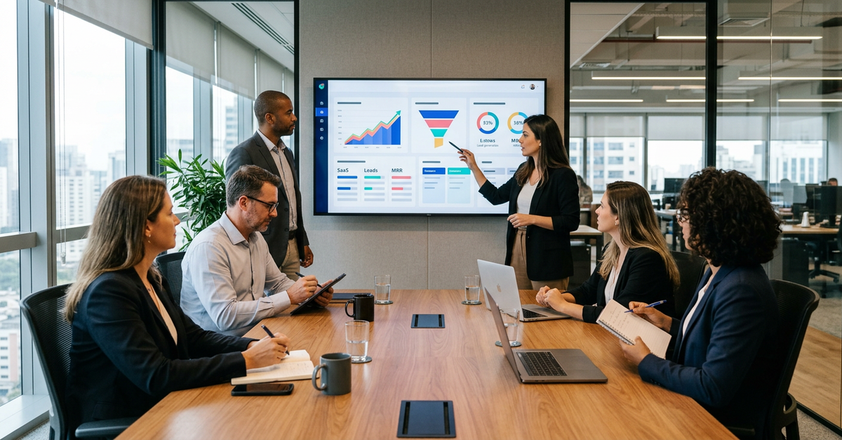 Reunião estratégica de marketing B2B para empresa de software SaaS
