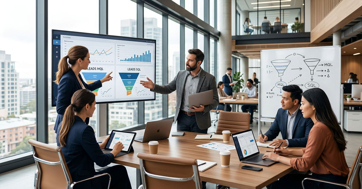 Equipes de marketing e vendas alinhadas trabalhando com leads qualificados