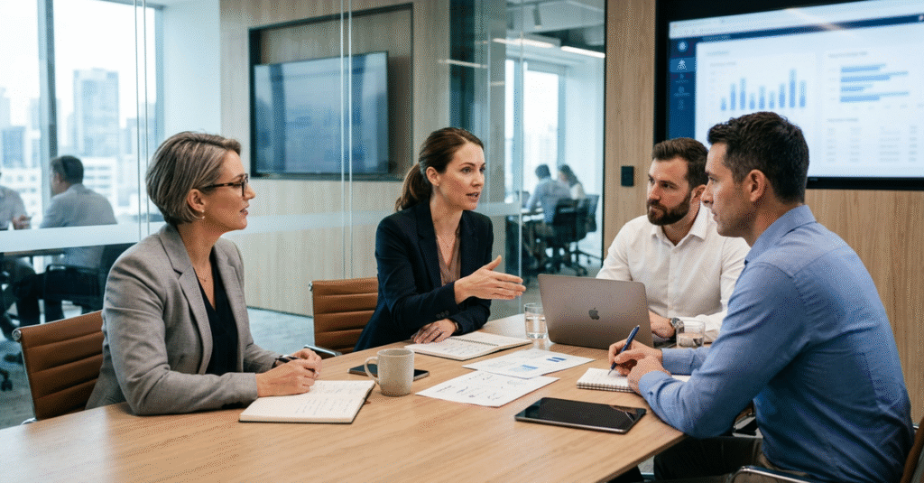 Reunião de prospecção ativa em agência de marketing B2B outbound
