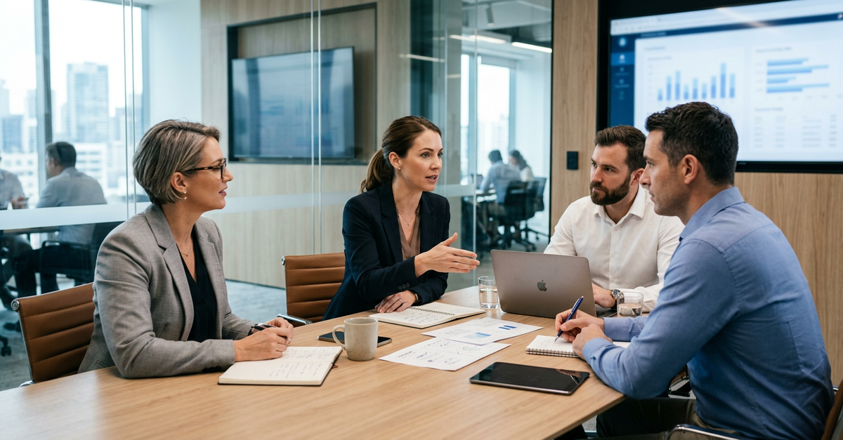 Reunião de prospecção ativa em agência de marketing B2B outbound