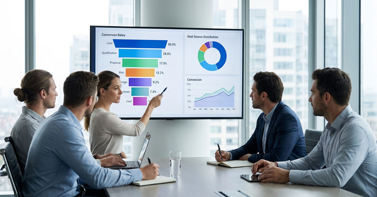 Equipe de vendas analisando métricas de conversão em reunião