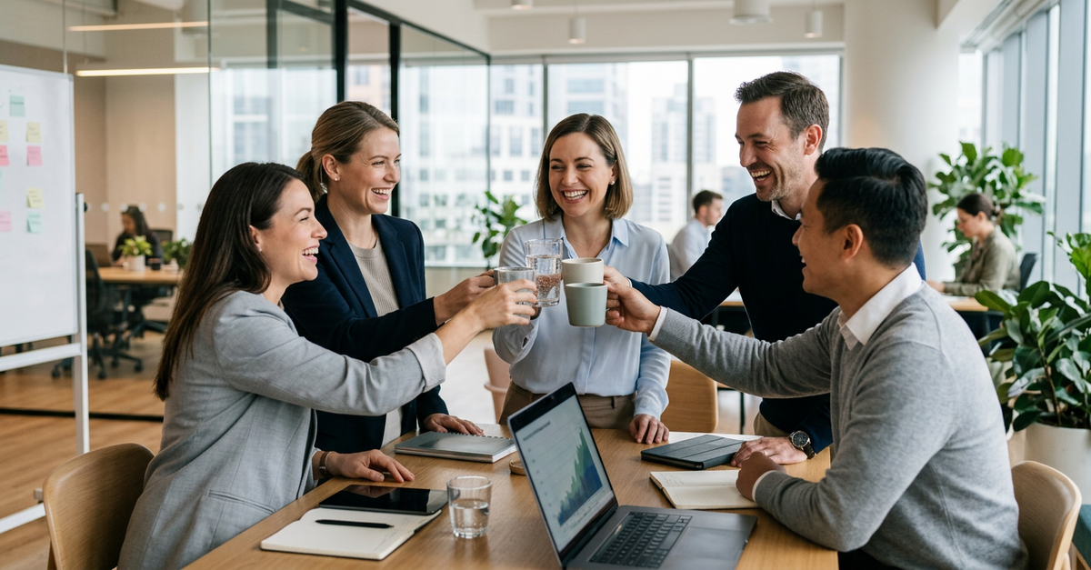 Equipe comercial celebrando sucesso na geração de leads B2B