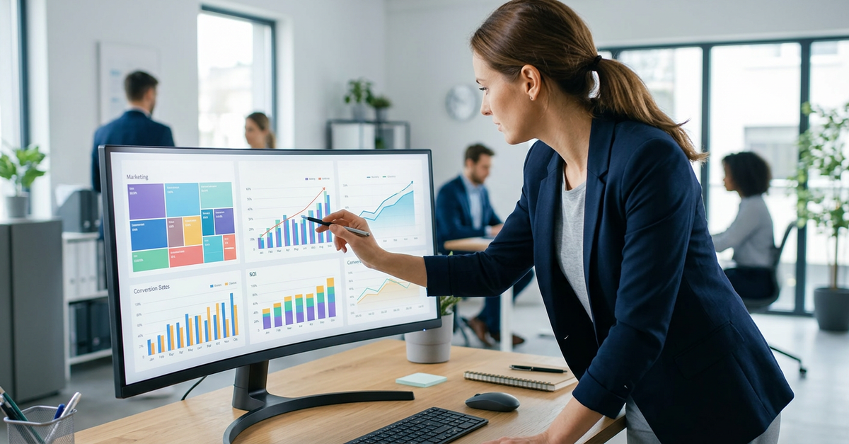 Profissional analisando métricas de ROI em marketing digital B2B