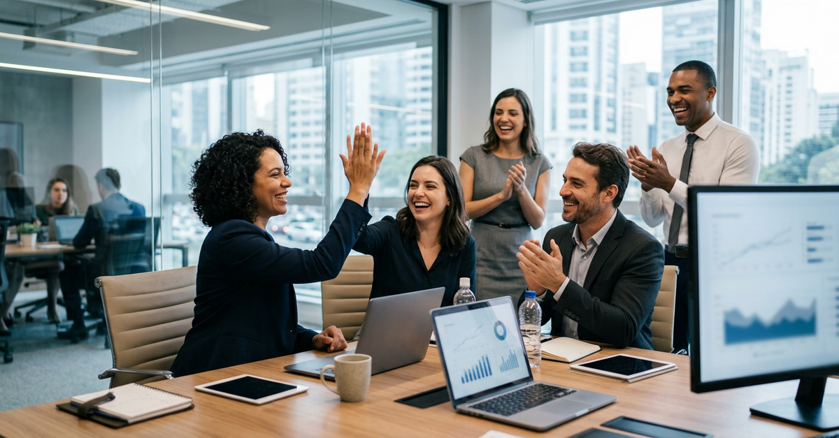 Equipe celebrando resultados de vendas B2B após implementar processos estruturados