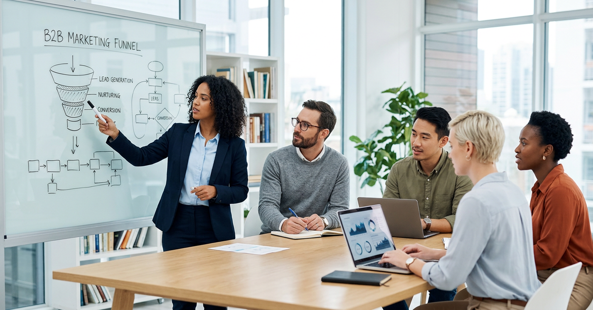 Equipe de agência de marketing B2B colaborando em estratégias empresariais