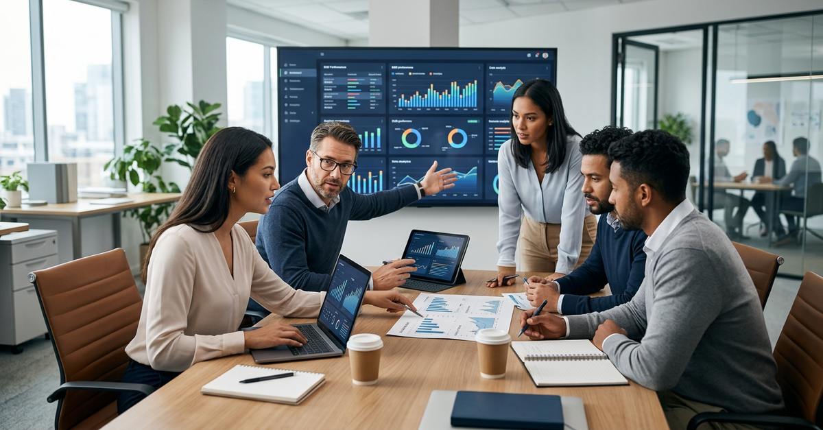 Equipe comercial B2B colaborando na análise de indicadores de vendas