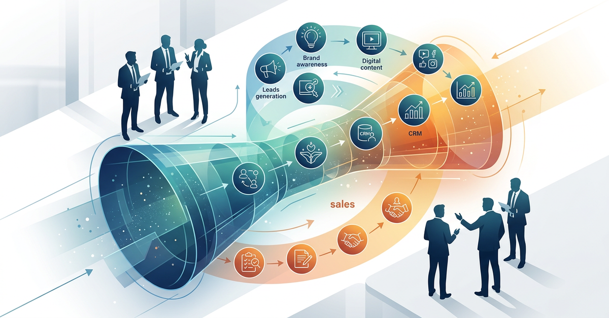 Funil de vendas B2B com etapas de marketing e processo comercial integrados