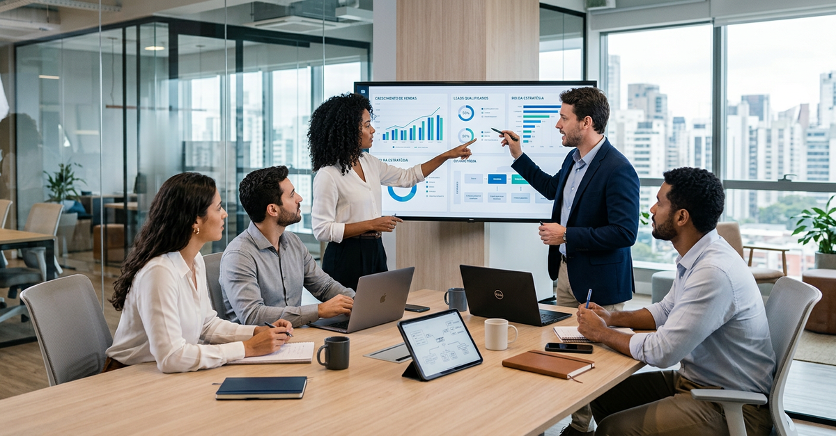 Equipe comercial B2B trabalhando com metodologia estruturada
