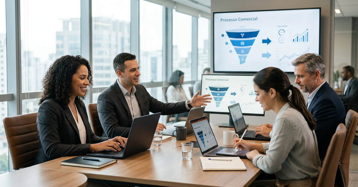 Equipe comercial estruturada trabalhando com processo de vendas B2B organizado