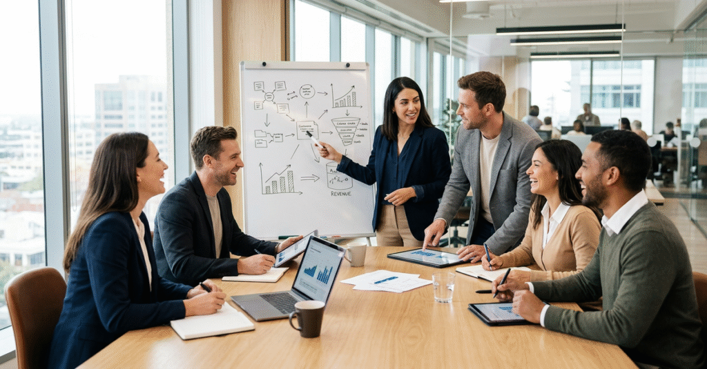 Alinhamento marketing e vendas B2B em reunião estratégica