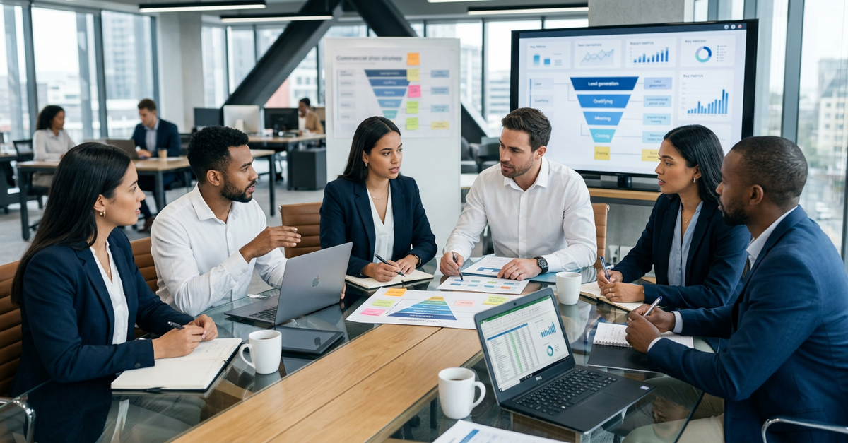 Equipe de marketing e vendas B2B trabalhando de forma integrada