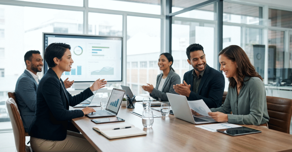 Equipe de vendas B2B em reunião estratégica de motivação