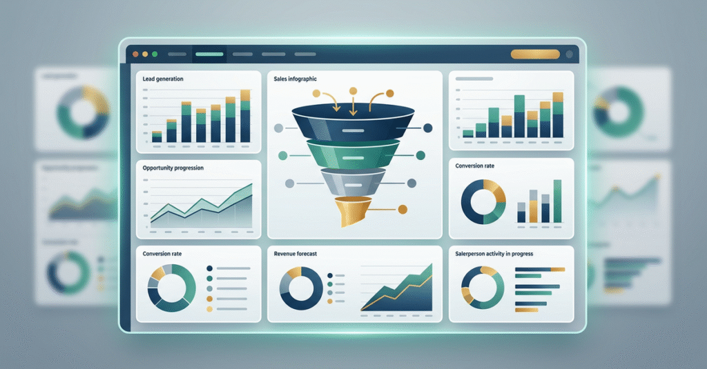Dashboard de métricas de processo comercial B2B com KPIs de performance