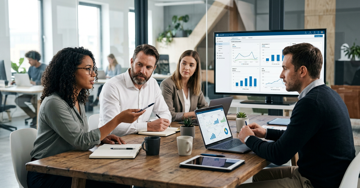 Equipe analisando resultados de campanha LinkedIn Ads B2B