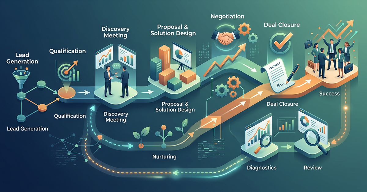 Processo comercial estruturado com etapas definidas para conversão