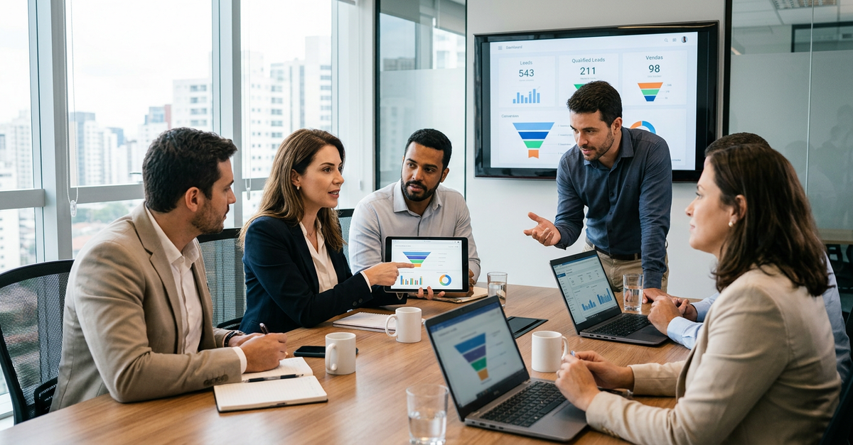 Equipe de marketing e vendas alinhada para conversão de leads