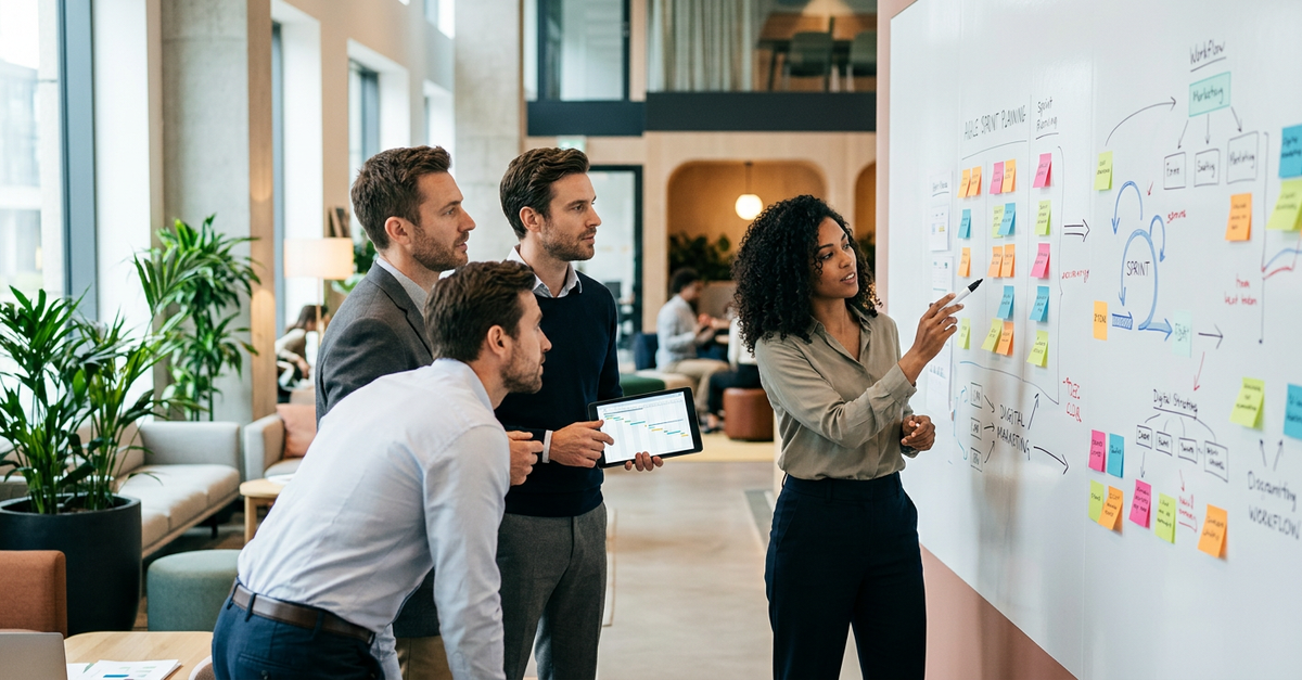 Equipe de agência implementando metodologias ágeis de marketing