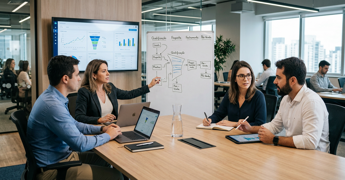 Equipe de vendas B2B trabalhando com sistema escalável