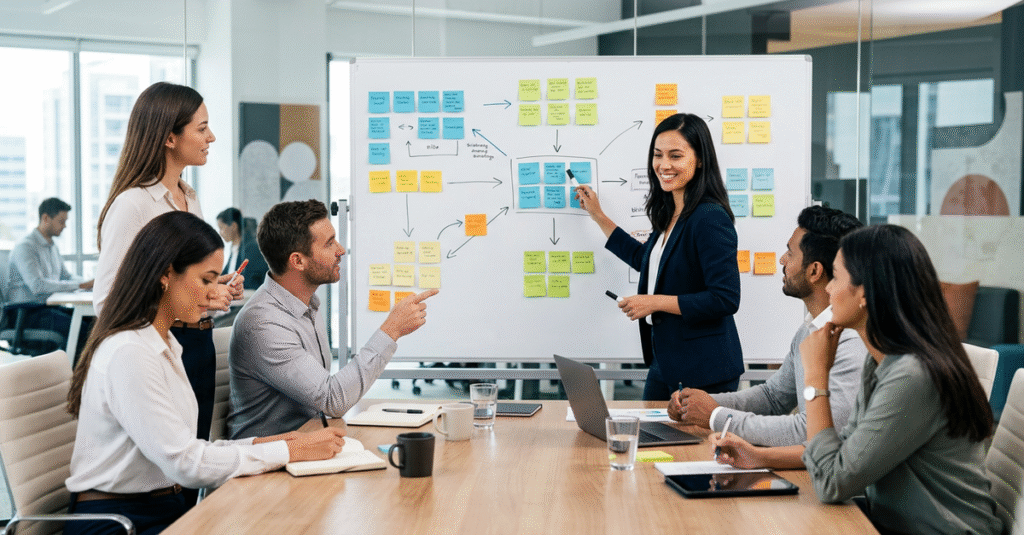 Agência de marketing B2B para PMEs planejando estratégia de geração de leads qualificados