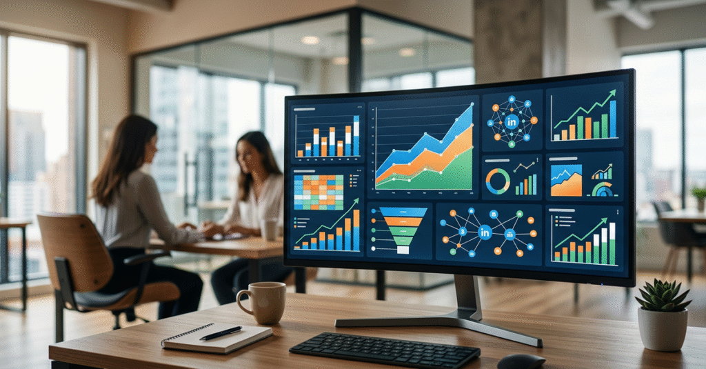 Dashboard de métricas ROI LinkedIn Ads B2B mostrando análises de performance