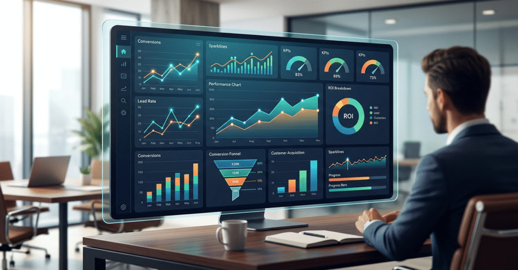 Dashboard de análise de marketing performance com métricas de ROI