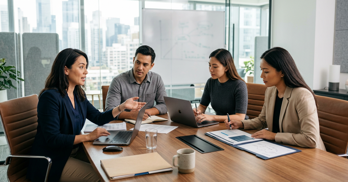 Equipe discutindo dificuldades comerciais pequenas empresas em reunião