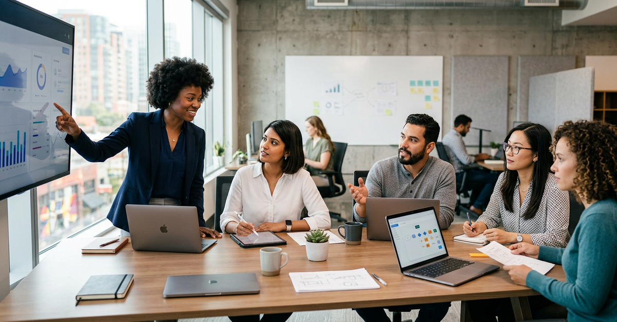 Equipe integrada de agência full service trabalhando em estratégia B2B