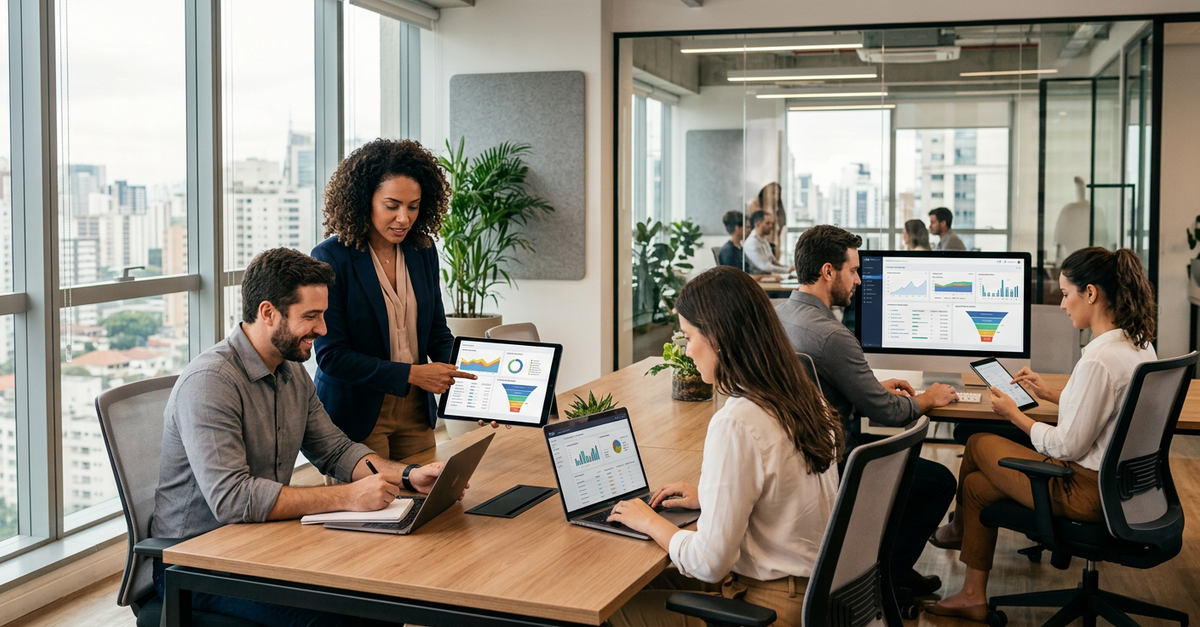 Equipe de vendas B2B trabalhando com leads qualificados automaticamente