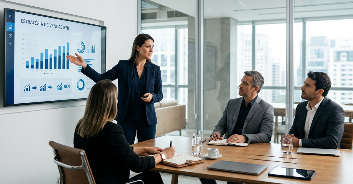Reunião de vendas B2B com apresentação estruturada para tomadores de decisão