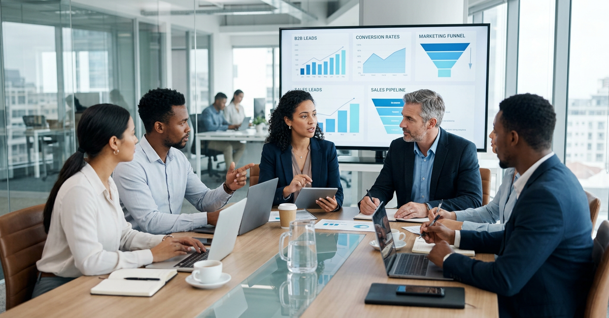 Reunião de alinhamento entre equipes de marketing e vendas B2B