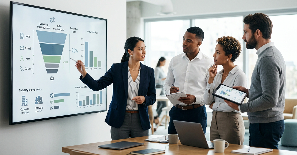 Equipe de vendas B2B analisando leads qualificados em reunião estratégica