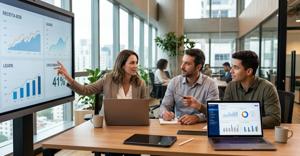 Equipes marketing vendas B2B em processo de alinhamento estratégico