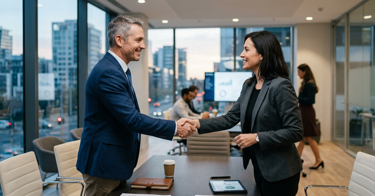 Reunião de vendas B2B bem-sucedida após prospecção ativa estruturada