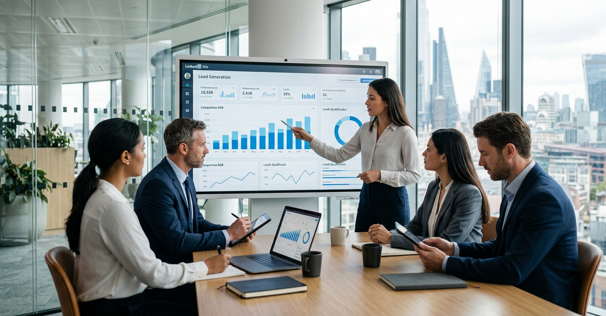 Equipe de vendas B2B analisando leads qualificados gerados pelo LinkedIn Ads
