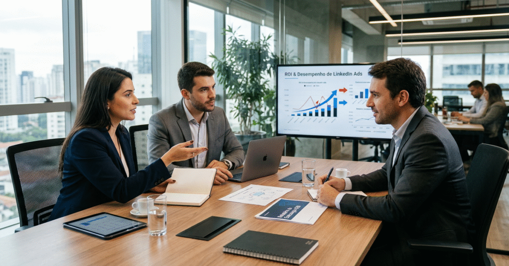 Vendas consultivas B2B em ação durante reunião estratégica