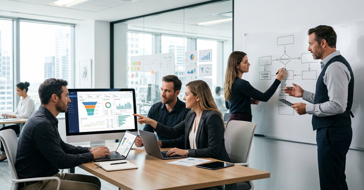 Equipe comercial B2B alinhada com processos estruturados