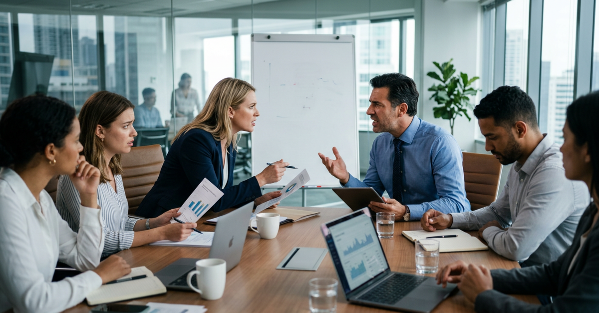 Conflito entre equipes de marketing e vendas em reunião empresarial