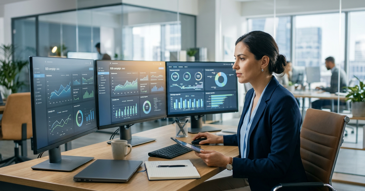Especialista LinkedIn marketing analisando métricas de performance