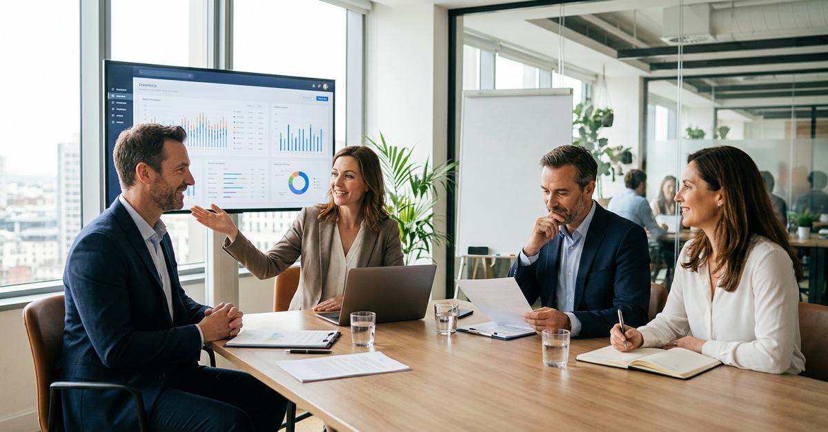 Reunião de vendas B2B com lead qualificado fechando negócio