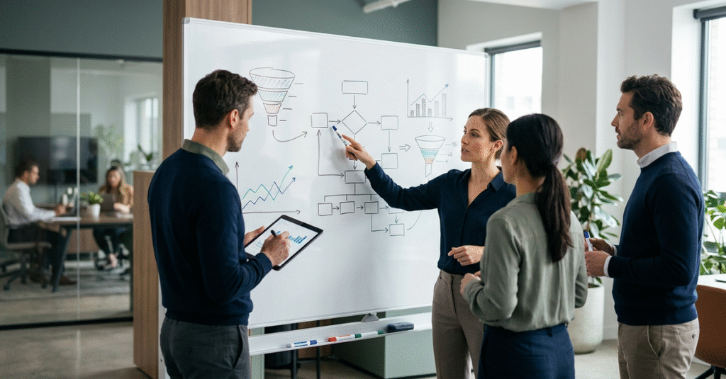 Estratégia de vendas B2B sendo planejada em consultoria comercial