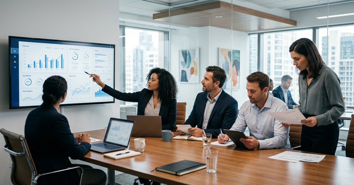 Equipe comercial B2B analisando resultados de consultoria