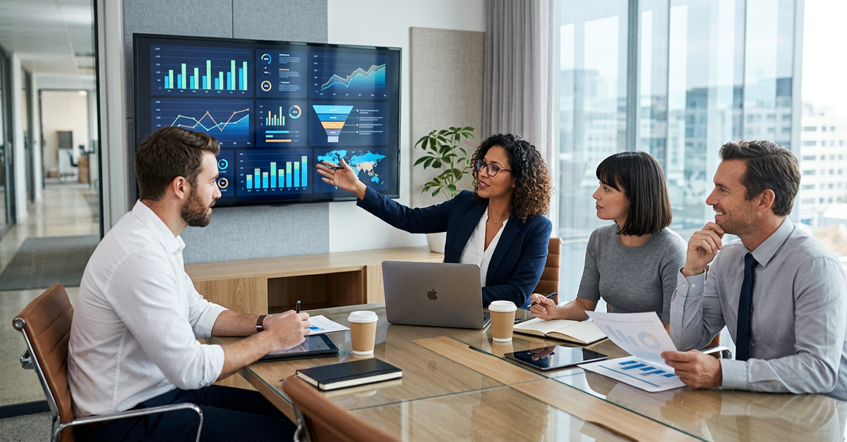 Equipe de professional services analisando métricas de vendas B2B