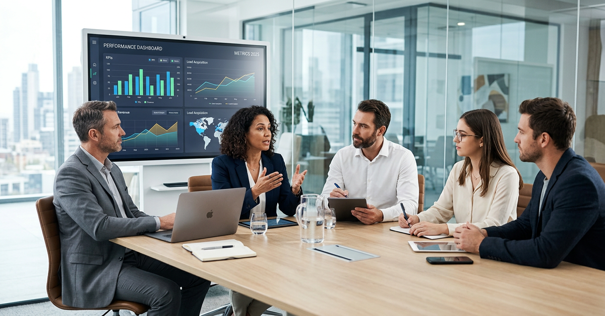 Equipe B2B analisando métricas de marketing e vendas em reunião estratégica