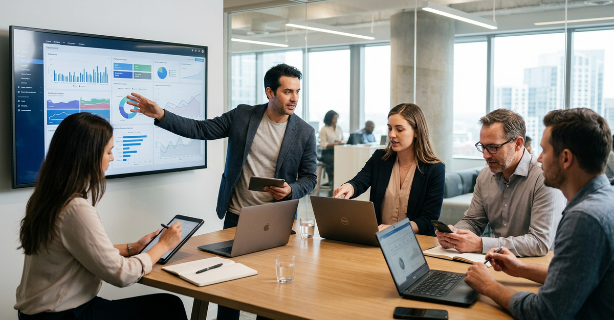 Equipe de vendas B2B moderna usando tecnologia e processos estruturados