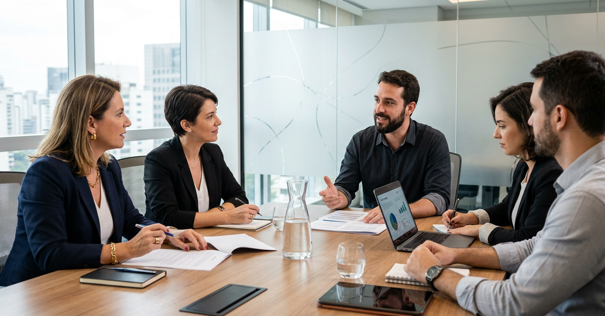 Reunião de alinhamento entre empresa e agência de marketing B2B