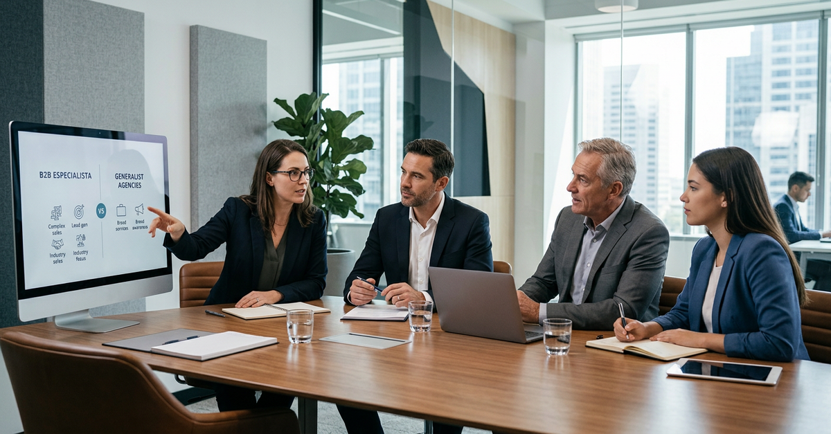 Empresários em reunião estratégica decidindo entre agência de marketing B2B especializada e generalista
