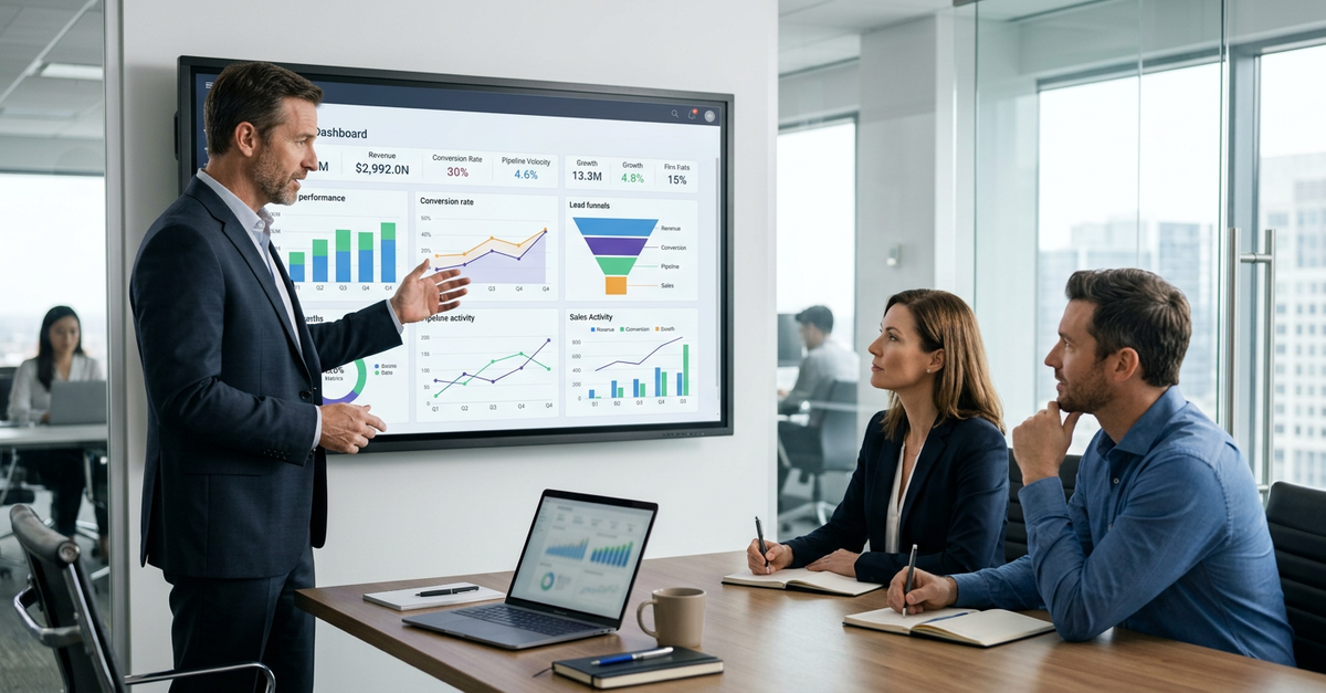 Consultoria vendas B2B analisando métricas de performance comercial