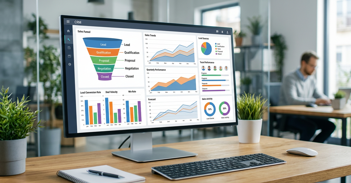 Dashboard de CRM mostrando métricas de vendas B2B com metodologias SPIN e Challenger
